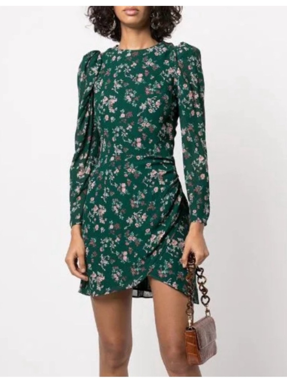 Reformation Juni Long Sleeve Emerald Green Floral Mini Dress Boho Cottage Core 2